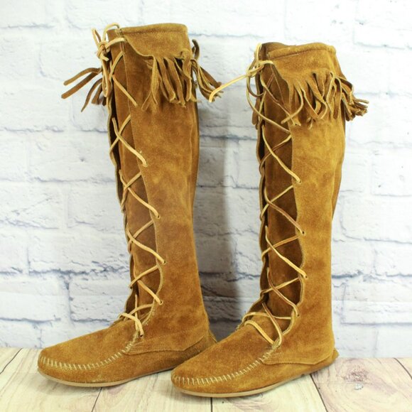 Minnetonka Brown Suede Knee High Lace Up Moccasins Festival Fringe Size 6 - Picture 2 of 8